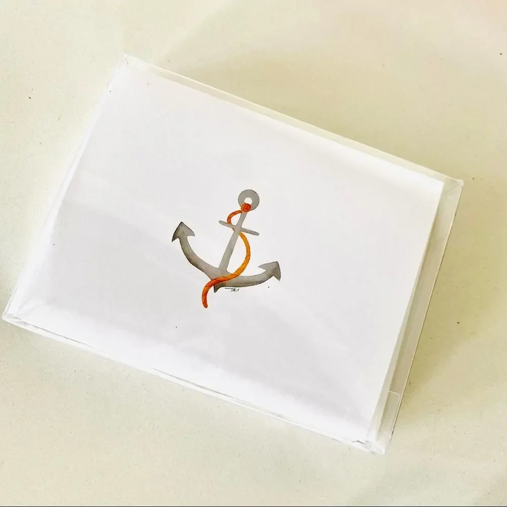 2 NEW ANTHROPOLOGIE White Grey Illustrated Anchor Nautical Card Notecards s/10
